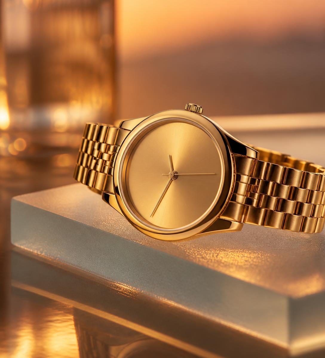 Gold wristwatch resting on frosted glass in warm sunset light